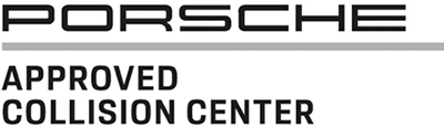 Porsche Approved Collision Center logo in black text on a white background with a horizontal line separating the words.