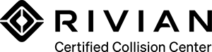 Rivian Certified Collision Center logo: Black diamond emblem, text