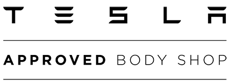 Tesla Approved Body Shop logo. Black text on white background.