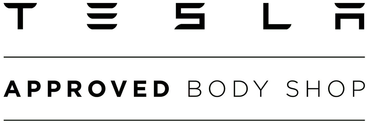 Tesla Approved Body Shop logo in black text on a white background.