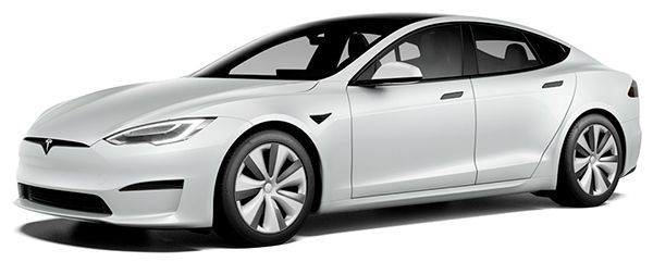 White Tesla sedan with black roof, on a light background.