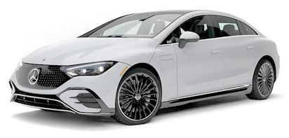 White Mercedes-Benz EQS electric sedan with black rims, angled slightly to the left.
