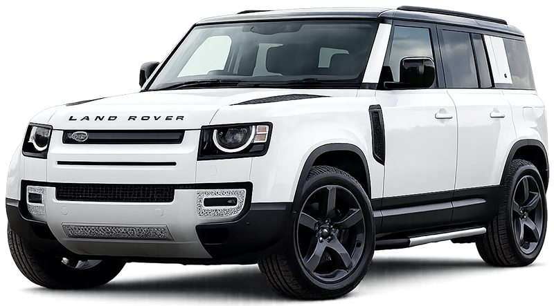 A white Land Rover Defender SUV, angled towards the front left, parked against a white background.