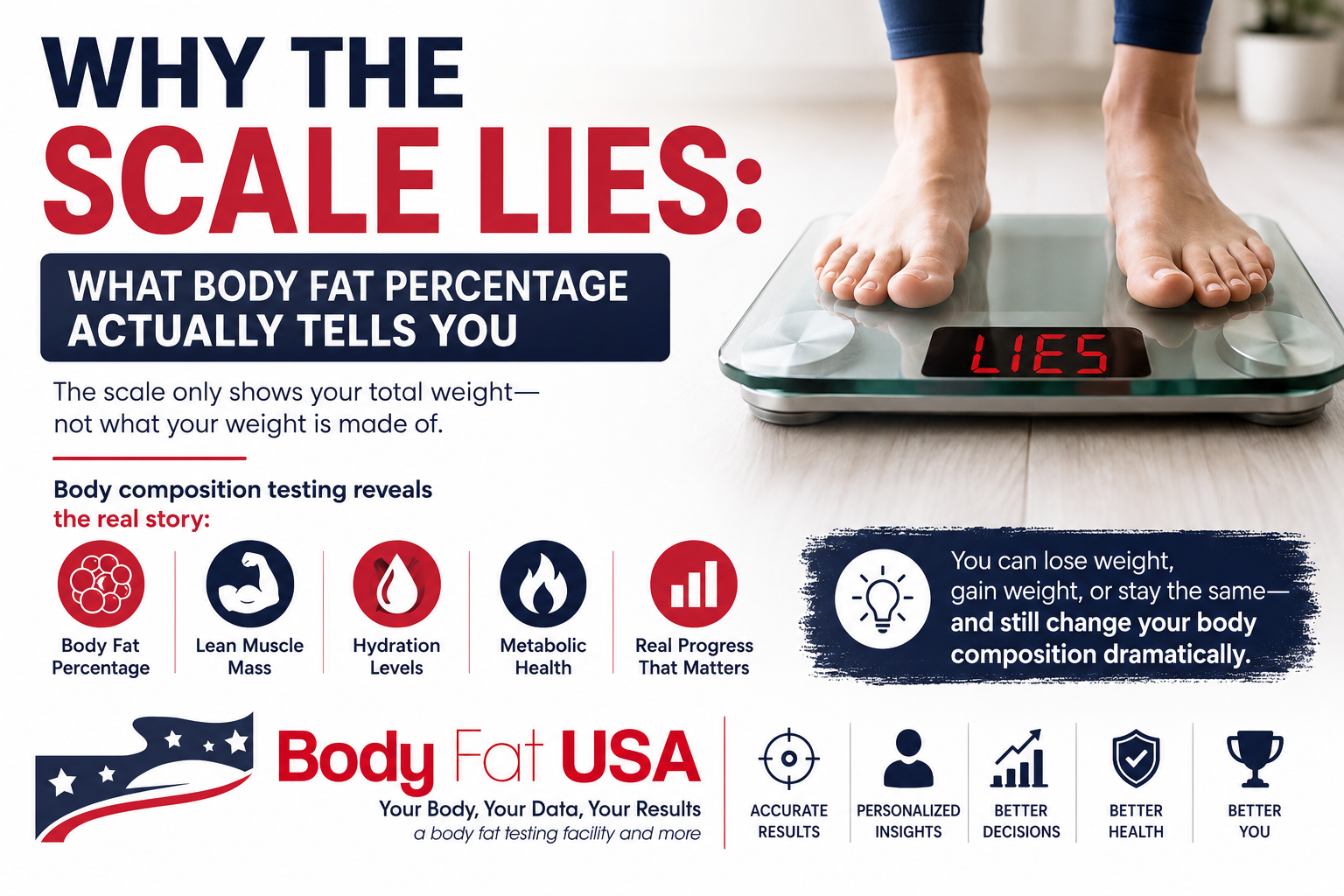 Body Fat USA infographic about body fat percentage, body composition testing, lean muscle mass, and 