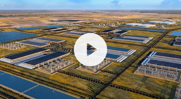Aerial view of large industrial complex with multiple rectangular buildings and solar panels on a brown landscape under blue sky.