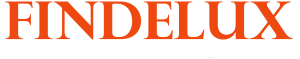 Logotipo para Findelux, fábrica de cortinas enrollables, con texto naranja sobre fondo blanco.