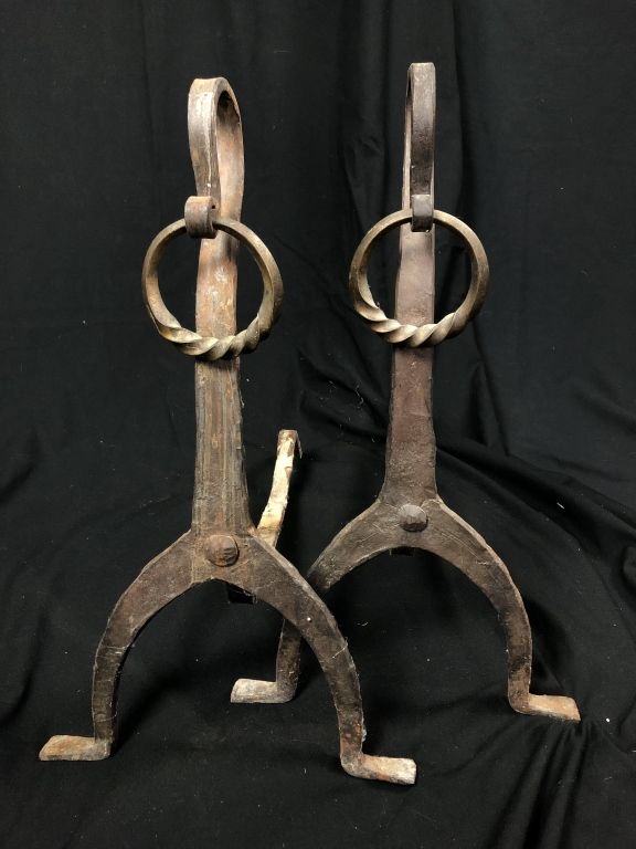 Pair of Hand Forged Wrought Iron Antique Andirons