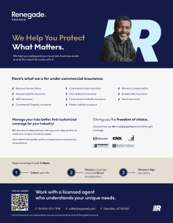 Renegade Insurance ad with smiling agent, “We Help You Protect What Matters” headline, and insurance options list
