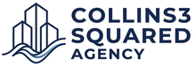 Collins3 Squared Agency logo in navy blue with stylized building and wave icon
