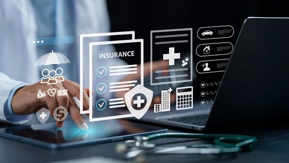 Doctor using digital health insurance interface on a laptop, with medical icons and paperwork overlays