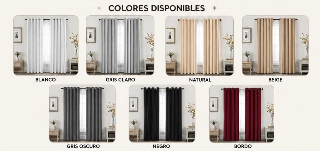 Paquete de cortinas opacas blancas con la etiqueta “CORTINAS BLACK OUT” sobre fondo gris.