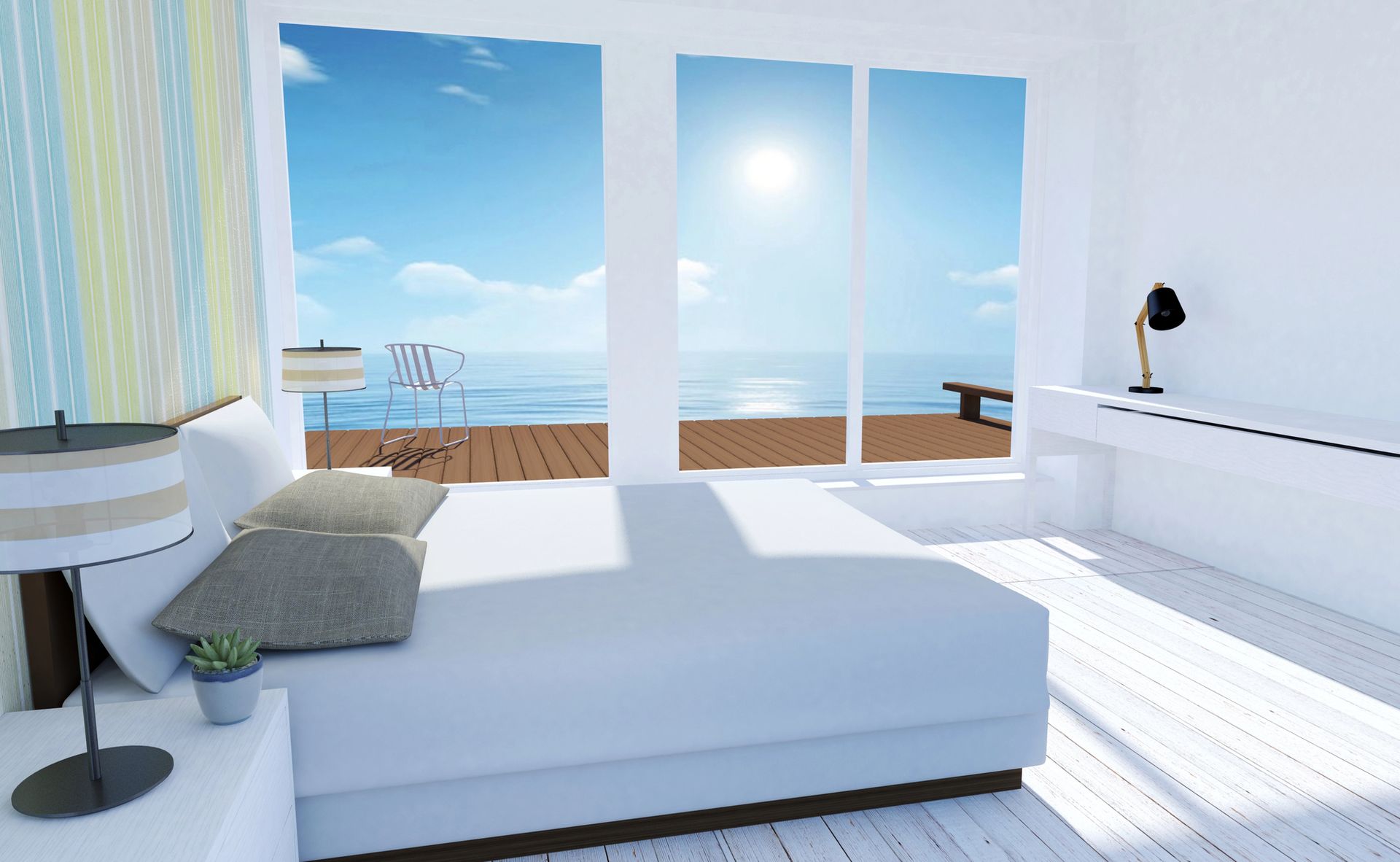 Luminosa camera da letto minimalista con letto bianco, finestre con vista sull'oceano e terrazza soleggiata all'esterno.
