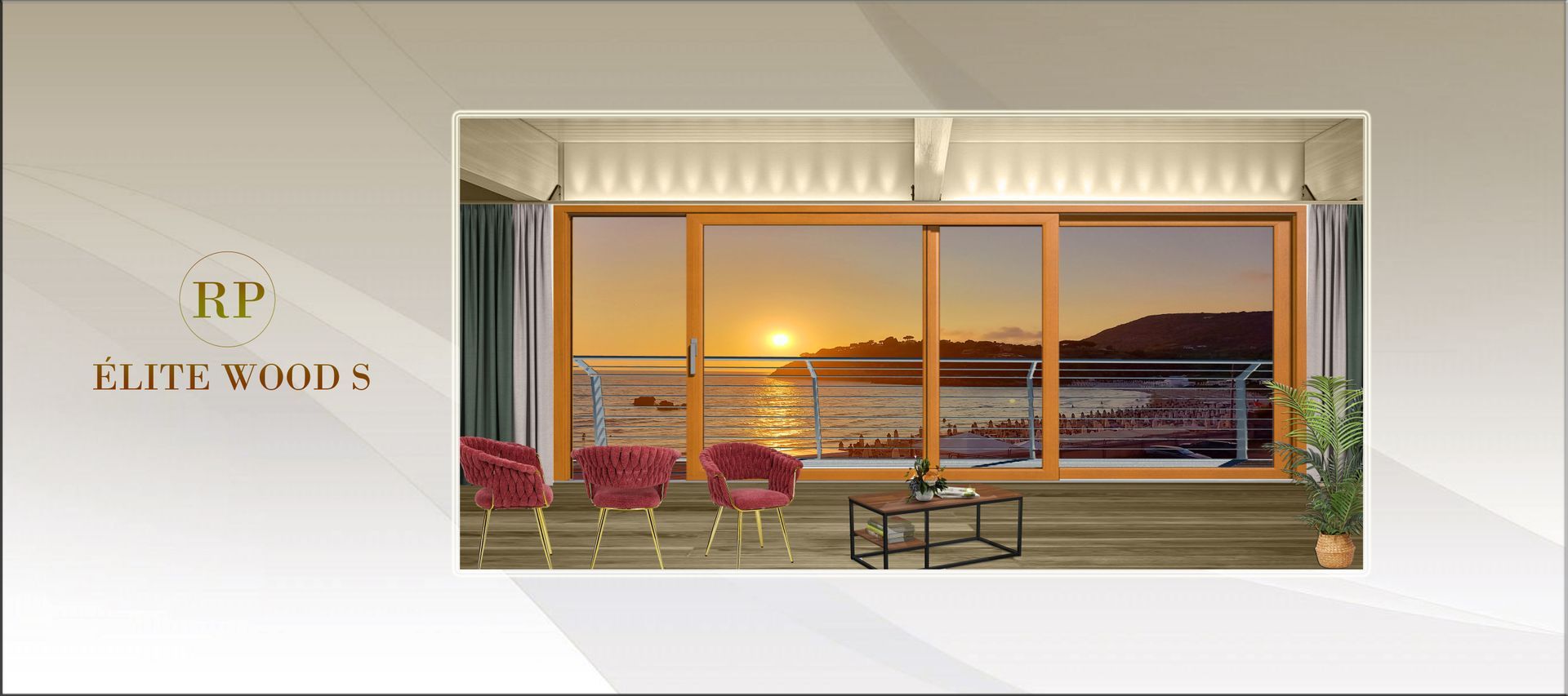 Lussuoso soggiorno con vista sull'oceano al tramonto attraverso ampie finestre, arredato con sedute moderne e decorazioni calde.
