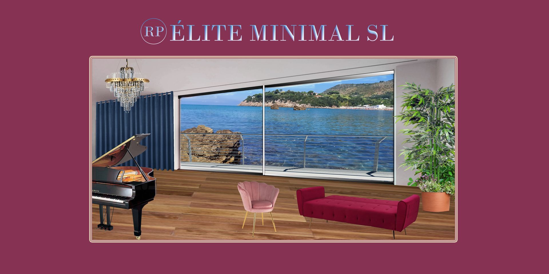 Elegante salotto con pianoforte, divano rosa, piante e un'ampia finestra con vista sull'oceano.