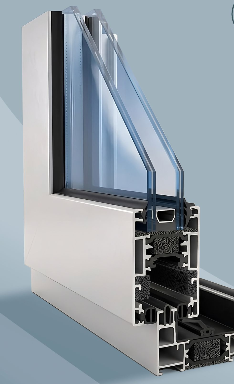 Sezione trasversale di un moderno telaio di finestra in alluminio bianco con vetro colorato di blu.