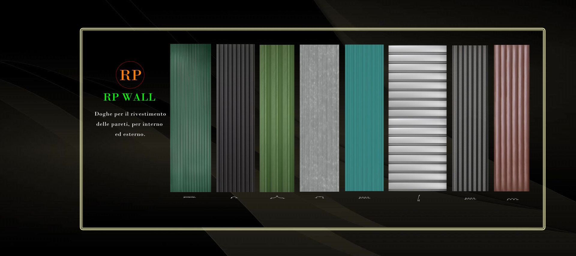 Tabella comparativa dei colori che mostra campioni verticali di tessuto o tende nelle tonalità del verde, grigio, turchese, bianco e rosa.
