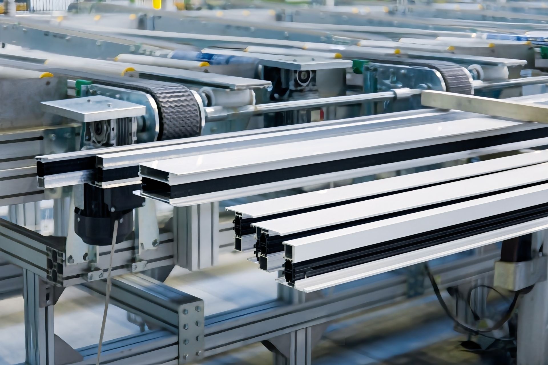 Profili estrusi in alluminio verde impilati su una scaffalatura industriale, che mostrano i dettagli della sezione trasversale.