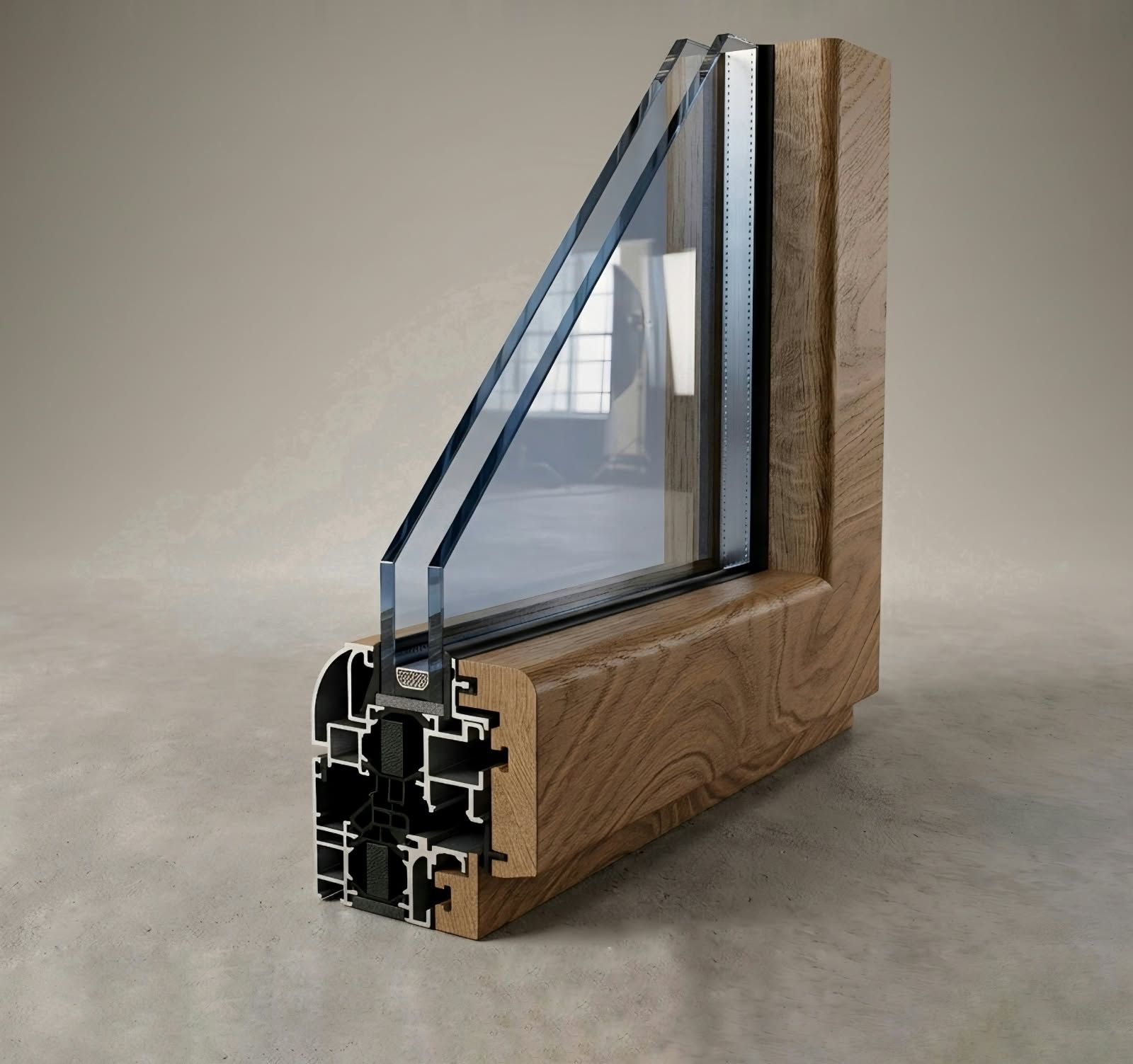 Primo piano di una sezione trasversale di un telaio di finestra con venature del legno e finiture interne nere su sfondo scuro.