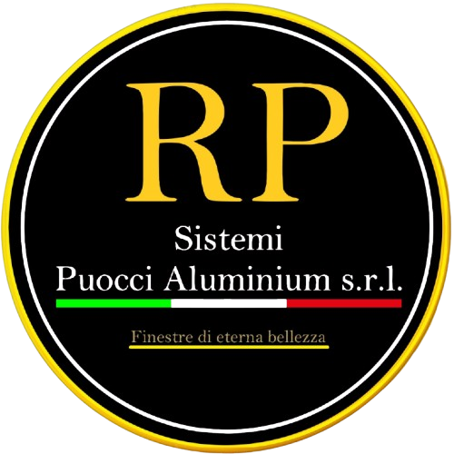 Logo circolare nero con scritta RP, lettere gialle e testo bianco per Puocci Aluminium srl