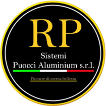 Logo circolare nero con scritta RP, lettere gialle e testo bianco per Puocci Aluminium srl