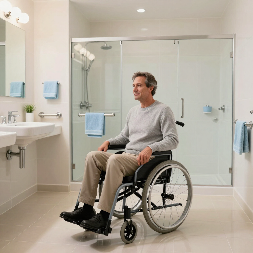 Man in a wheelchair in a bright accessible bathroom, facing a walk-in shower and sink.