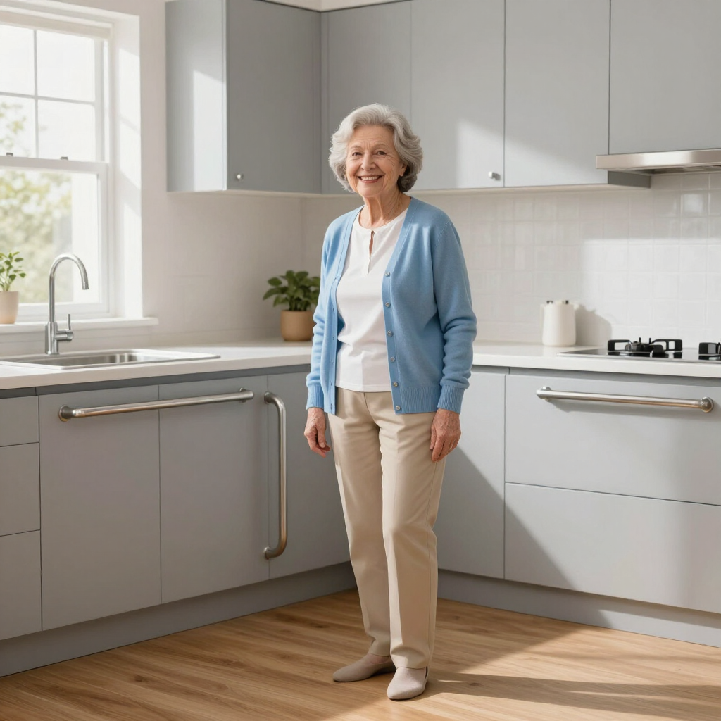 Smiling woman standing in a bright modern kitchen with gray cabinets and wood flooring