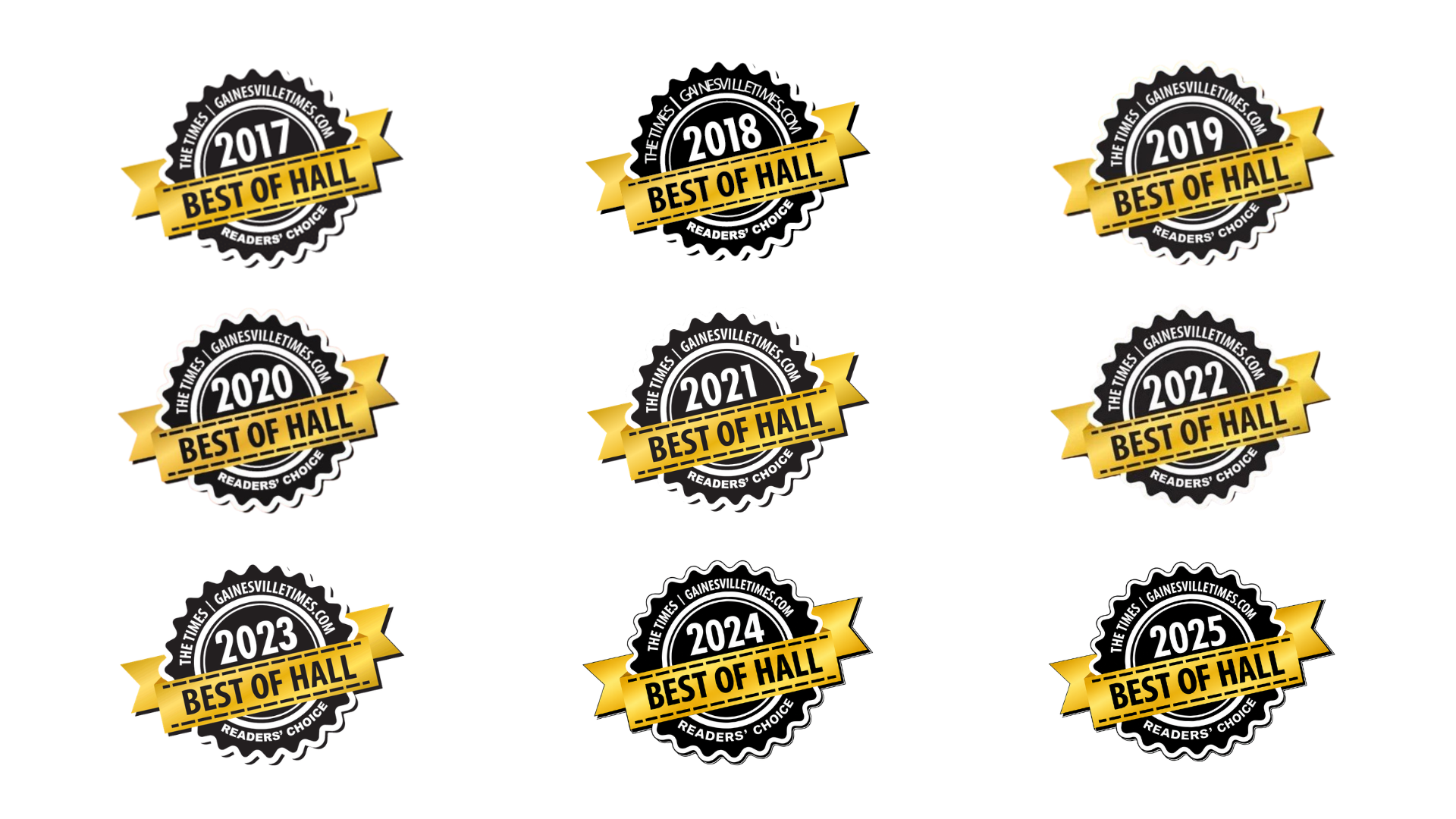 Set of nine black-and-gold award badges labeled with years and “Best of the Year” titles