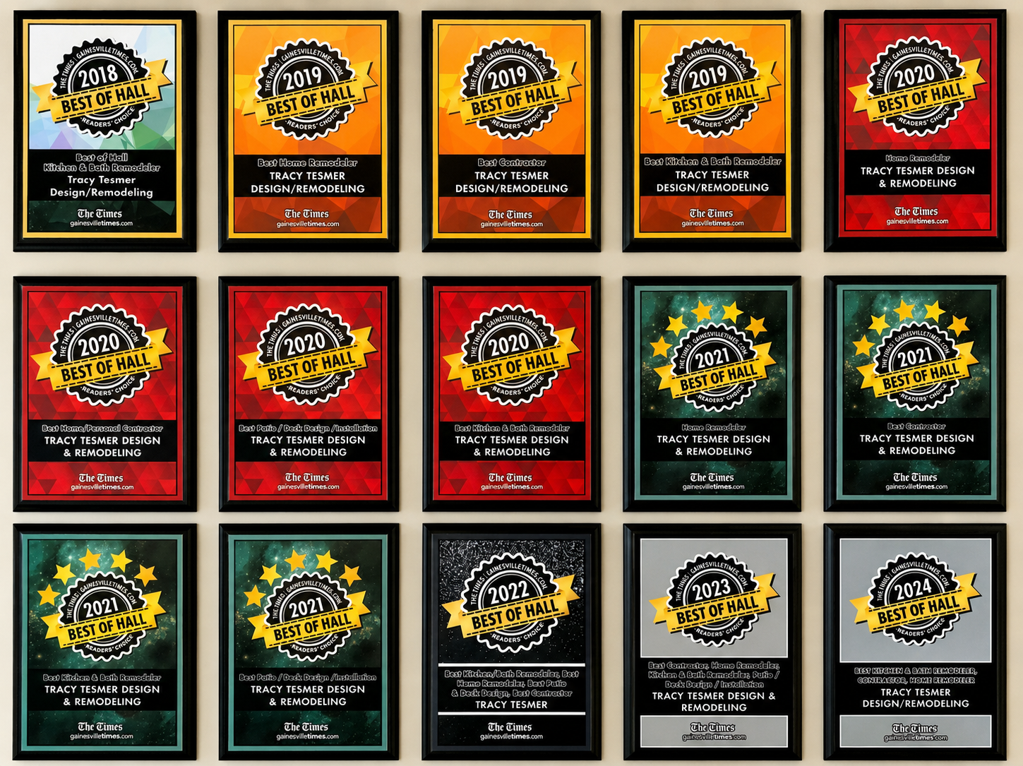 Grid of colorful product labels in yellow, orange, red, green, black, and gray on a white background