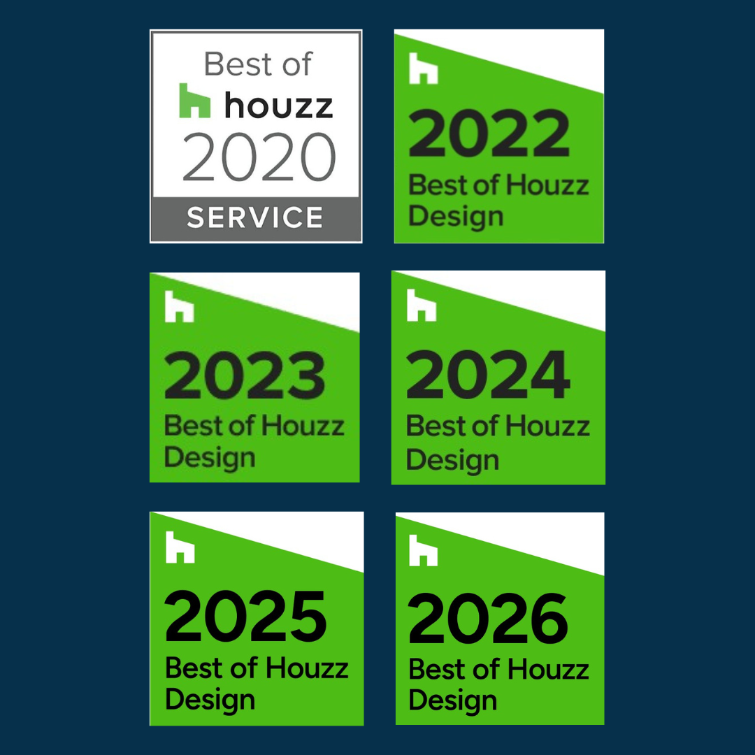 Five Houzz award badges in a 2x3 grid, including 2020 Service and 2022-2026 Best of Houzz Design.