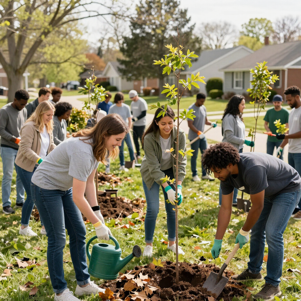 Volunteers planting a young tree in a suburban yard on a sunny day