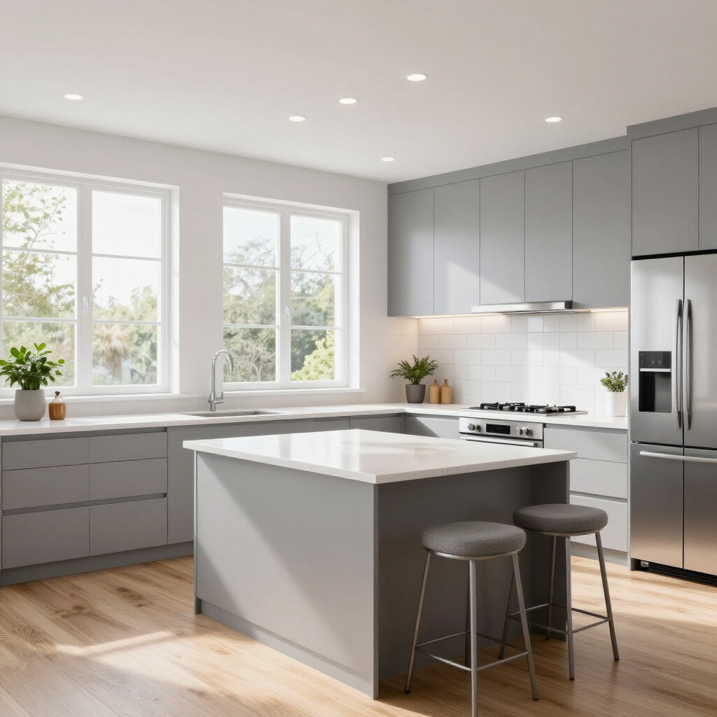 Bright modern kitchen with gray cabinets, white island, stainless fridge, and sunlit windows