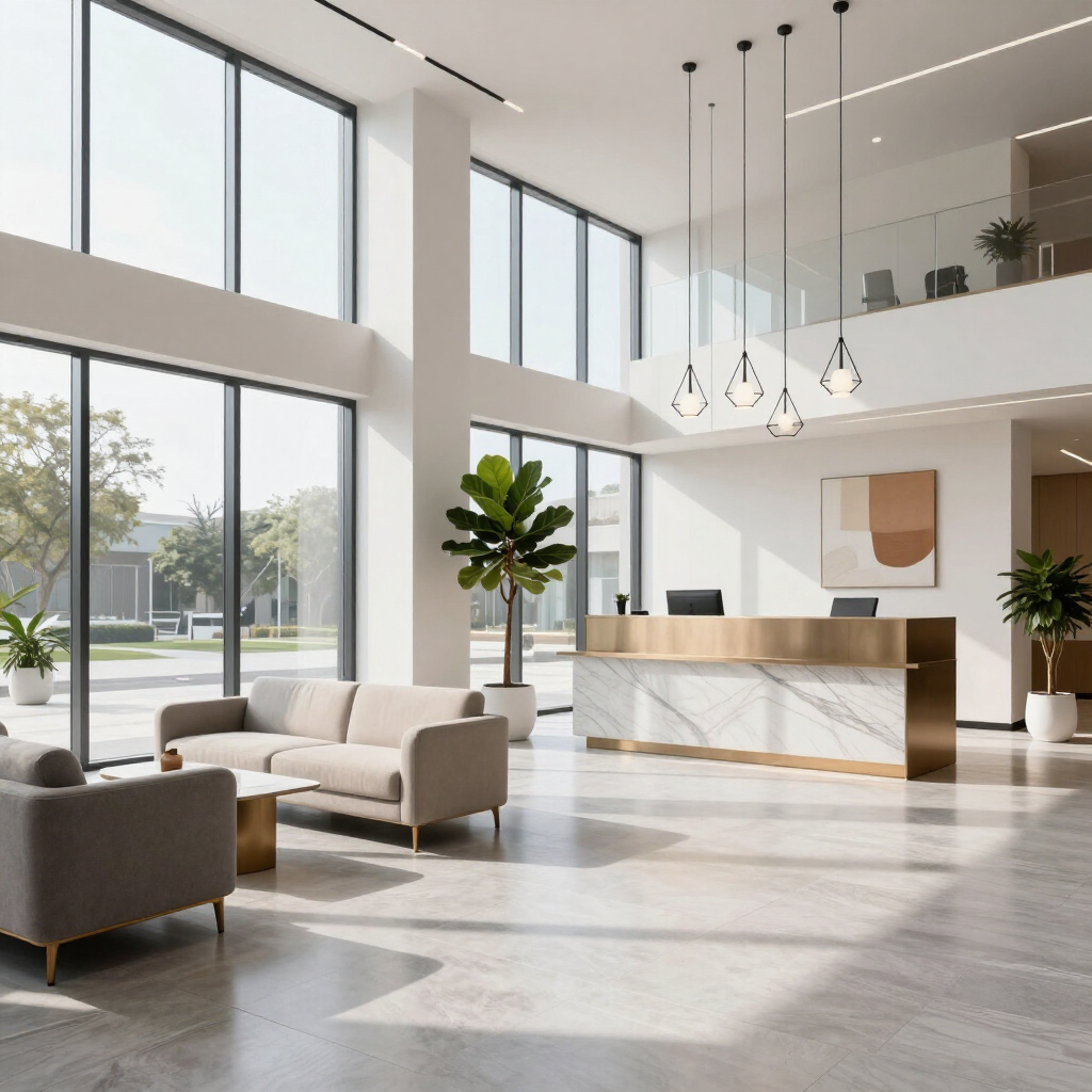 Bright modern hotel lobby with tall windows, beige seating, marble desk, and hanging pendant lights