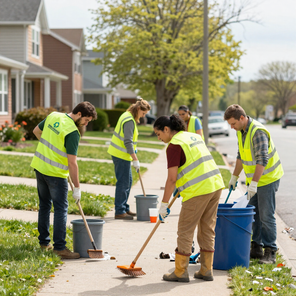 Volunteers in neon safety vests sweeping a suburban sidewalk during a neighborhood cleanup