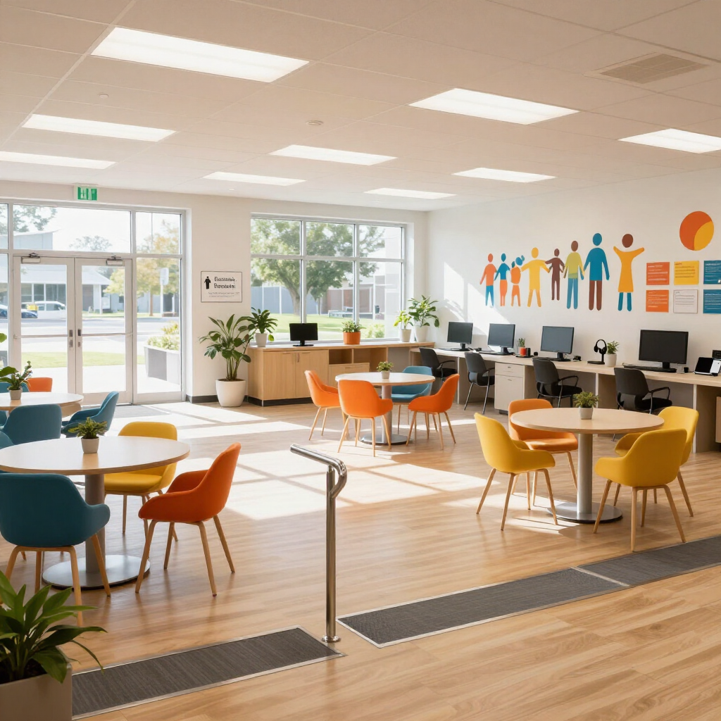 Bright, modern classroom or lounge with orange chairs, tables, computers, plants, and wall art in a sunlit room