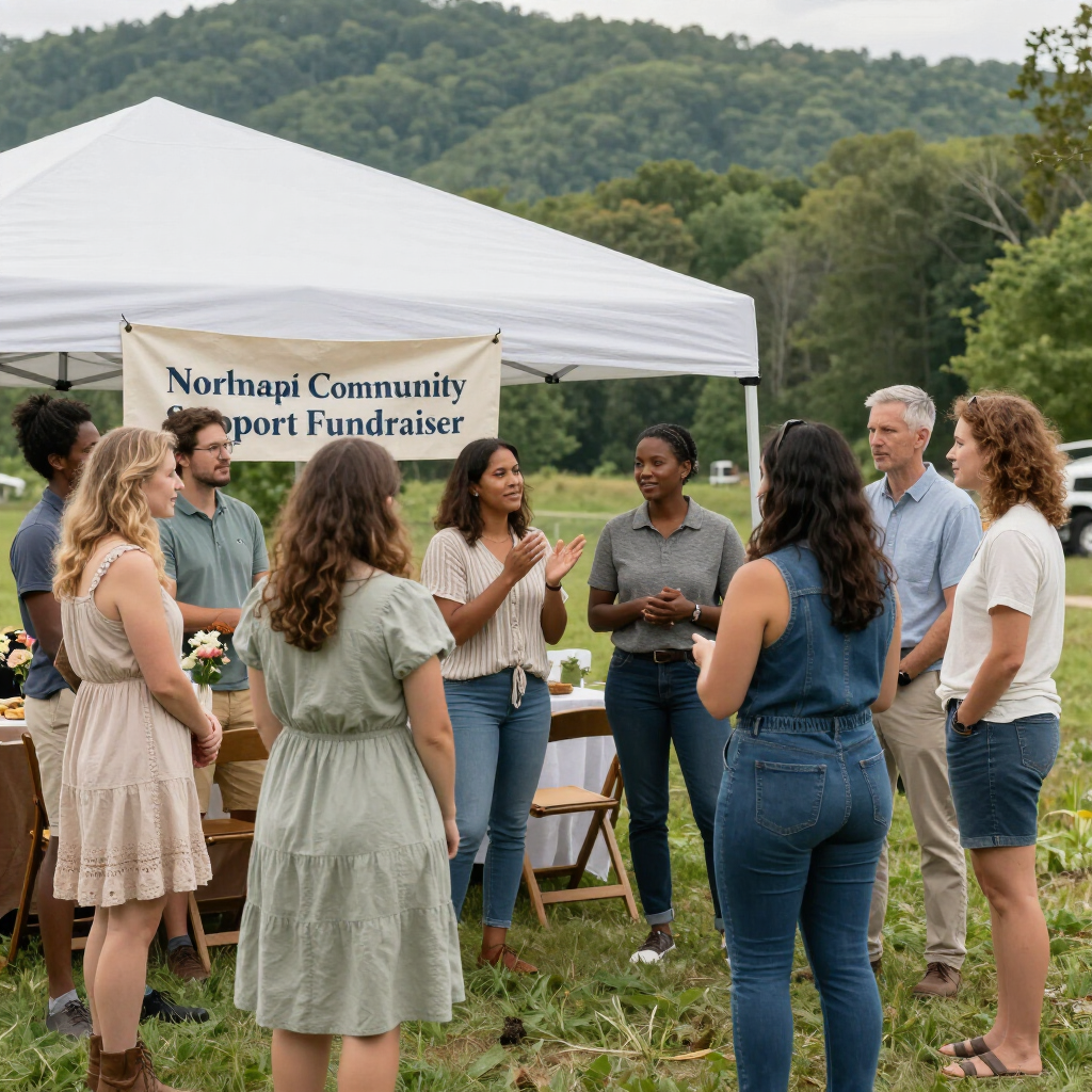 People gathered under a white tent at a community support fundraiser in a grassy outdoor setting.