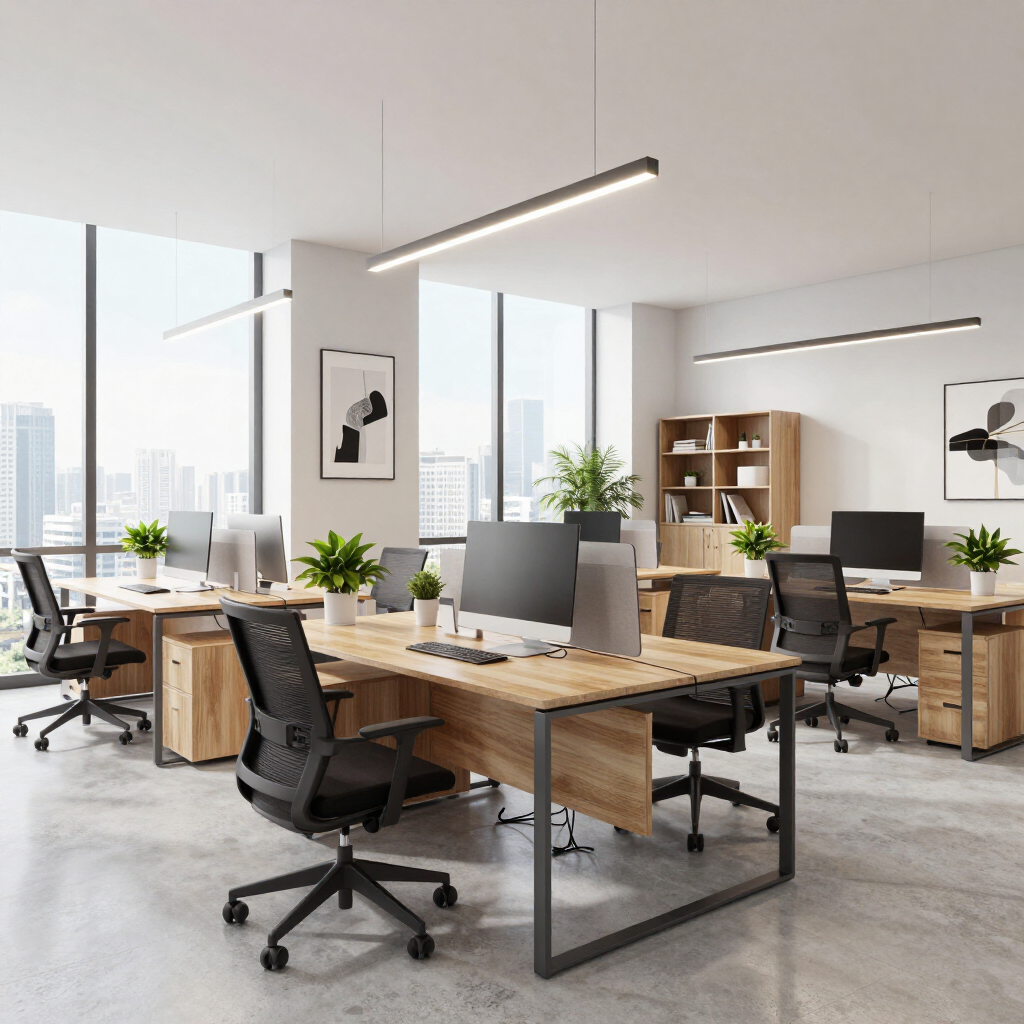 Modern open-plan office with wooden desks, black chairs, potted plants, and large windows