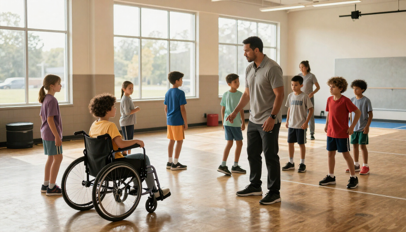 Coach guiding young athletes through an inclusive movement session
