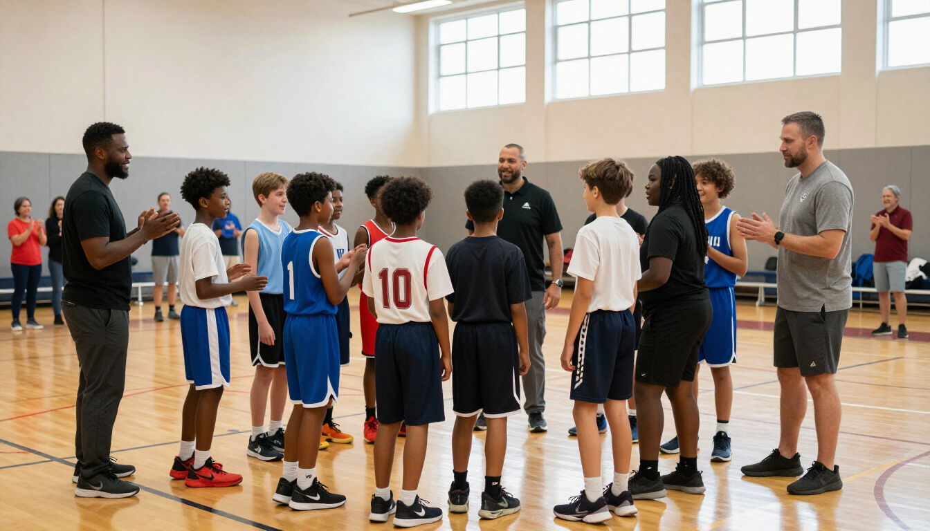 Youth athletes celebrating a team milestone with coaches