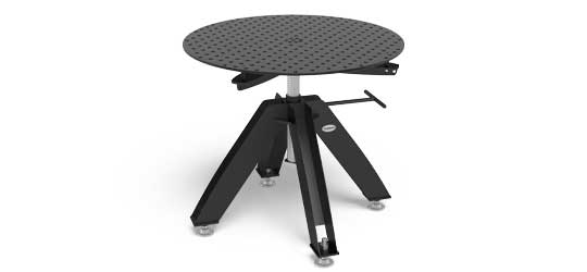 Rotating Weld Table A round table with wheels on a tripod on a white background.