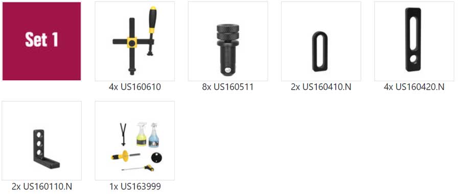 US163100: Set 1, 26 Piece Accessory Kit for the System 16 Imperial Series Welding Tables A picture of a set of tools on a white background.