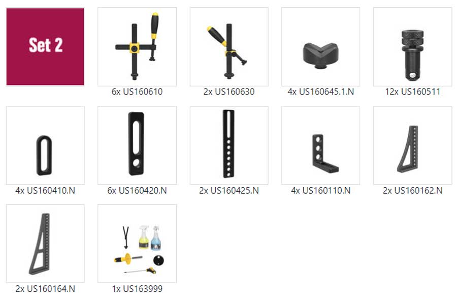 US163200: Set 2, 50 Piece Accessory Kit for the System 16 Imperial Series Welding Tables There are many different types of brackets and screws in this set.