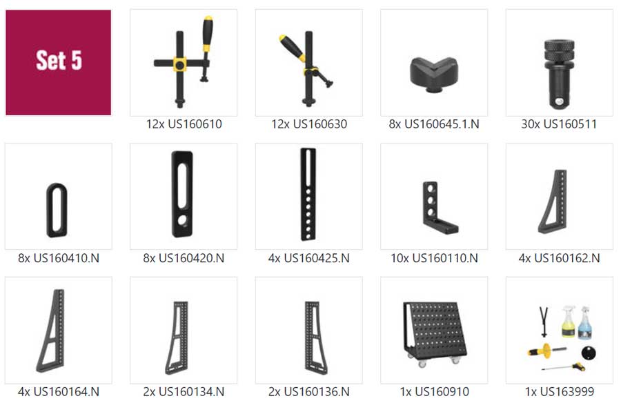 US163500: Set 5, 112 Piece Accessory Kit for the System 16 Imperial Series Welding Tables There are many different types of brackets and screws in this set.