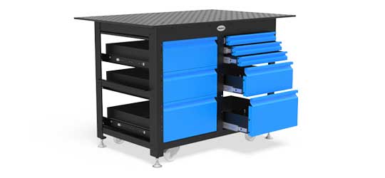 Workstation A black and blue workbench with drawers and shelves.