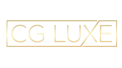 A gold and white logo for cg luxe on a white background.