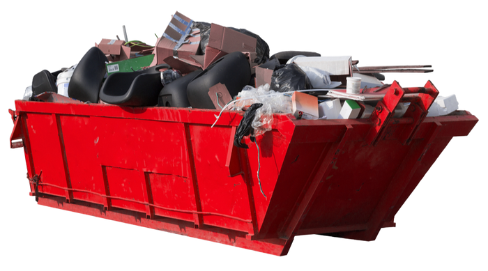 A red dumpster filled with trash on a white background.