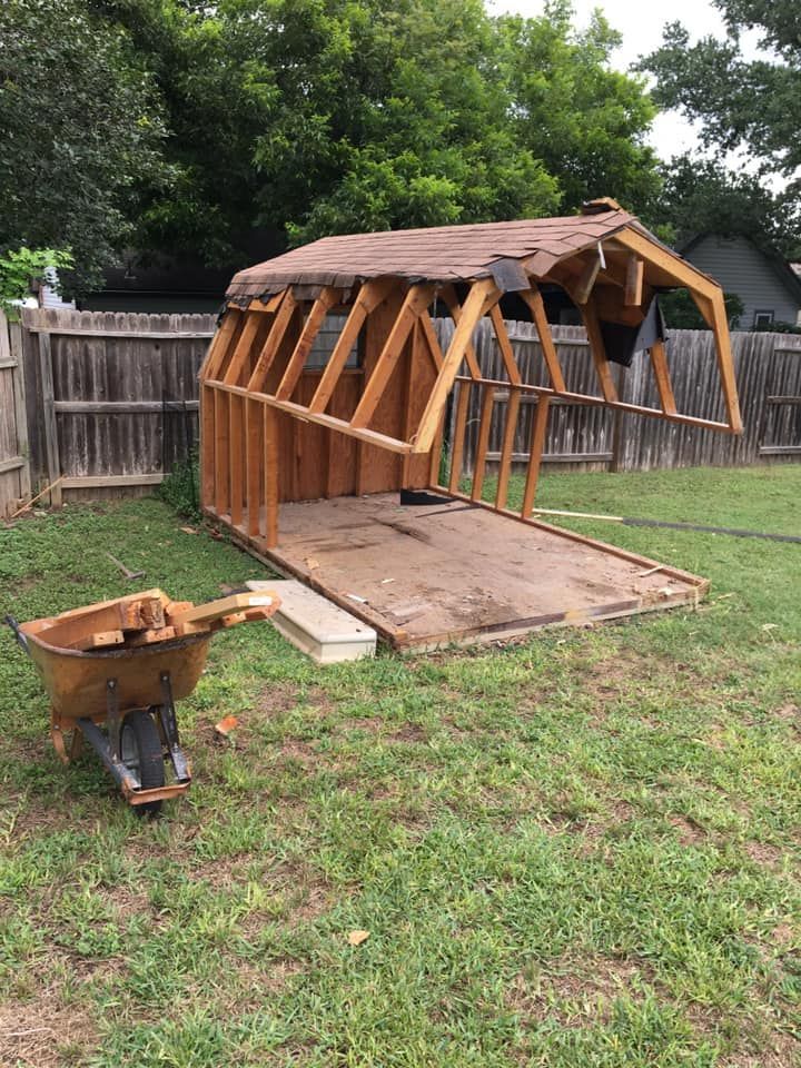 A wooden shed is being built in a backyard next to a wheelbarrow.