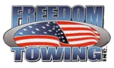 The logo for Freedom Towing has an american flag on it.