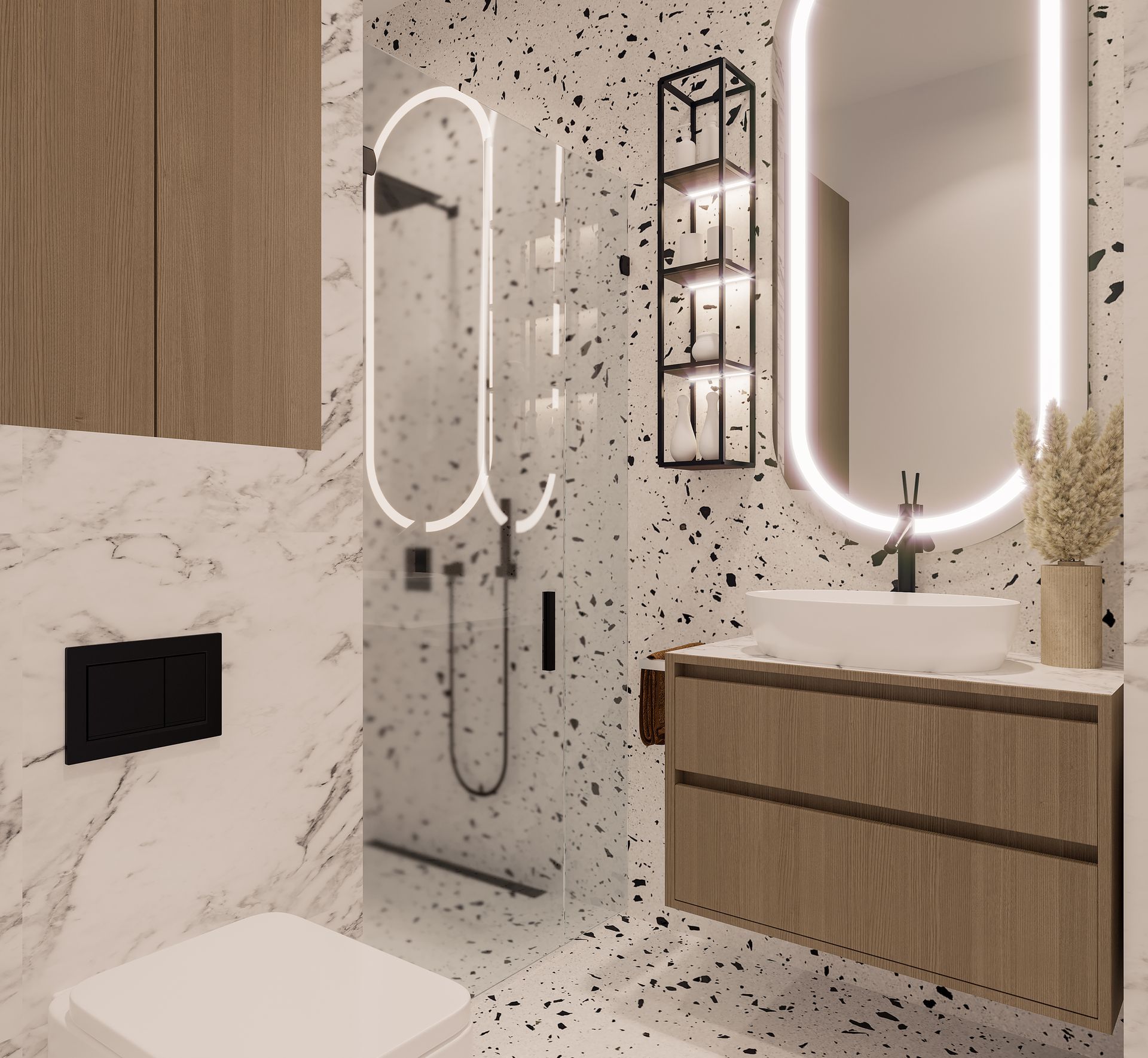 A bathroom with a toilet a sink and LED mirror