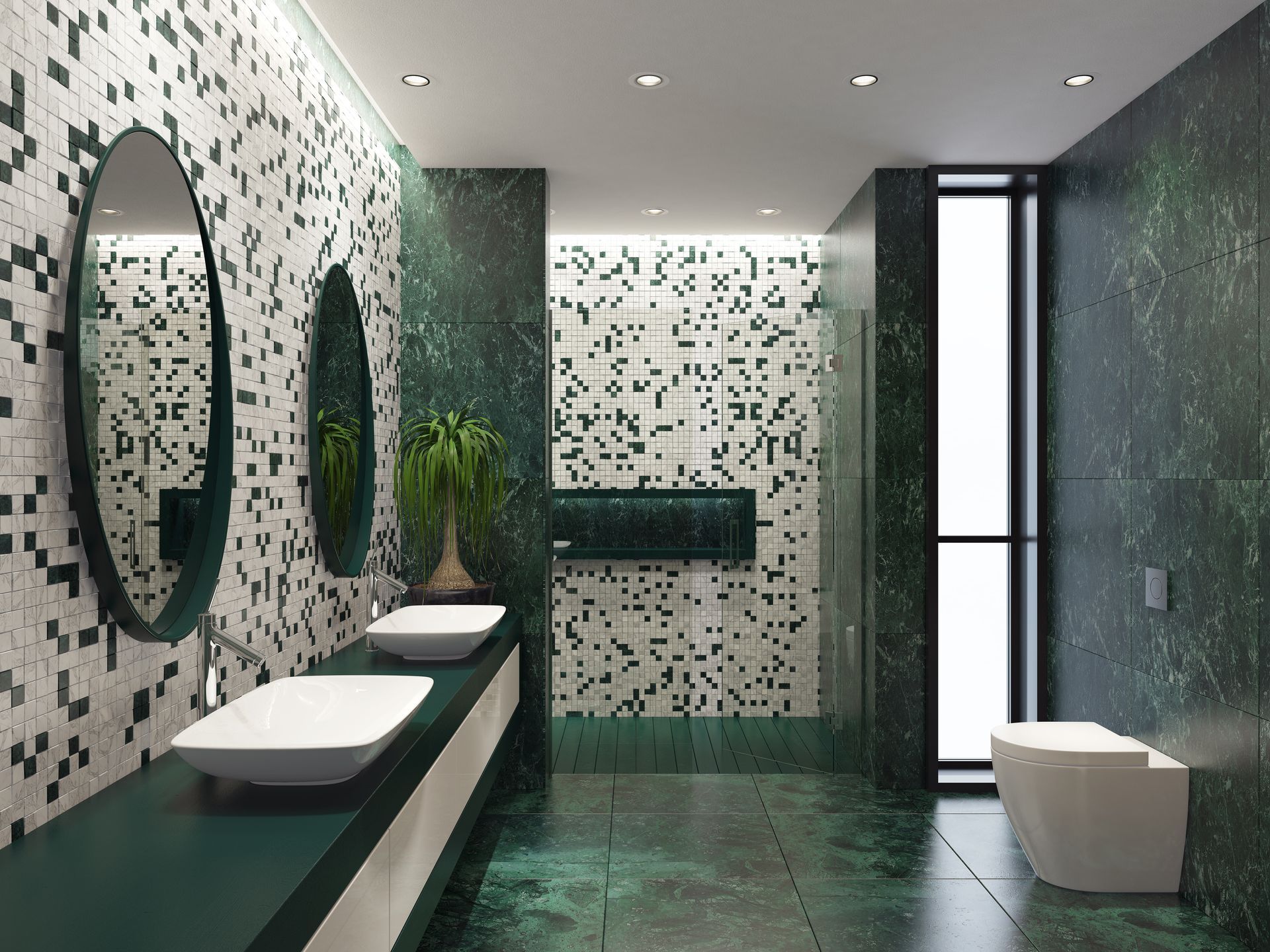 A bathroom with green tiles , two sinks , a toilet and two round mirrors.