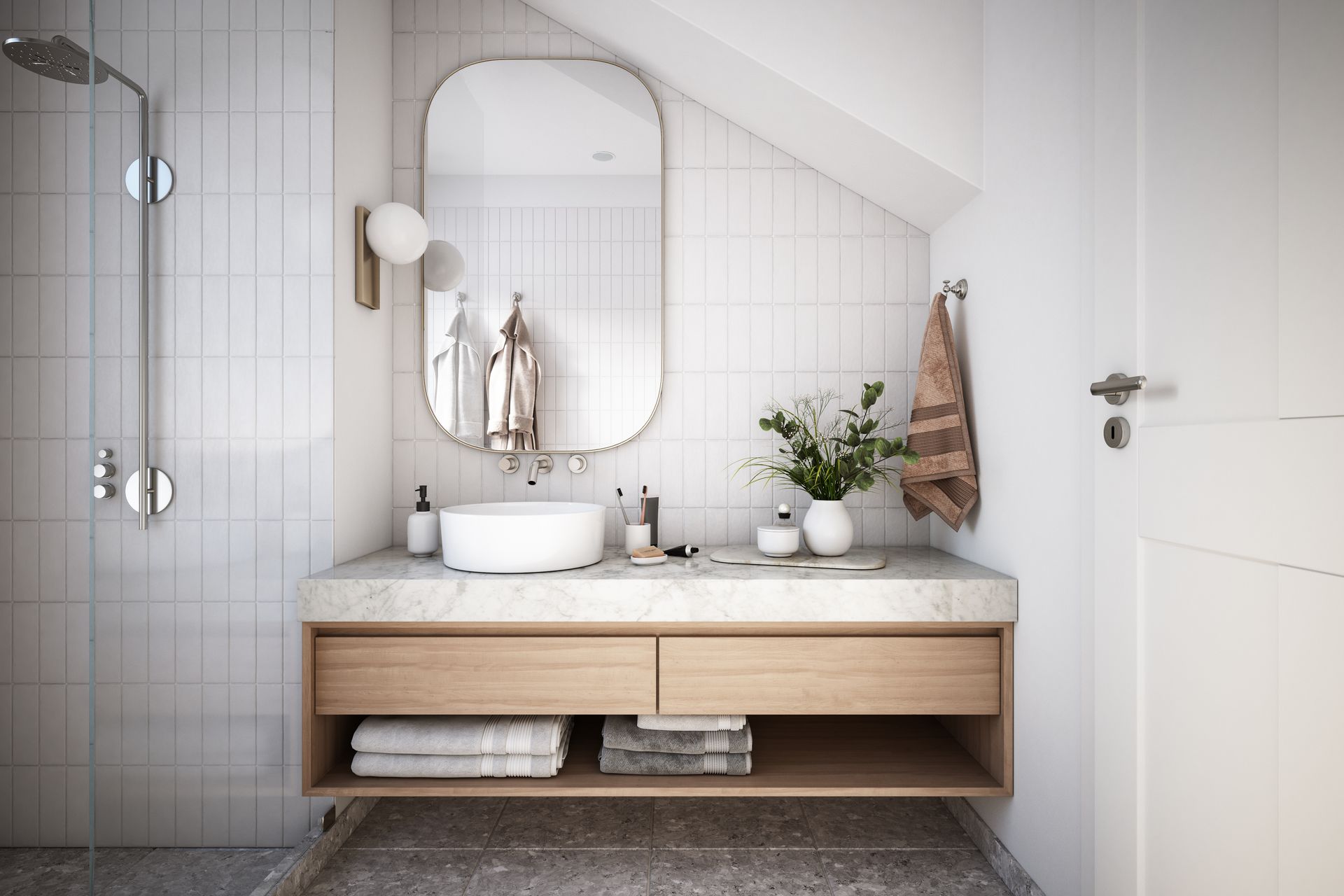 A bathroom with a sink , mirror , and shower.